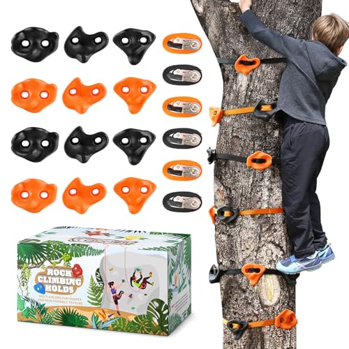 TOPNEW 12 Ninja Tree Climbing Holds for Kids Climber Orange Black Tree Climbing Kit with 6 Ratchet Straps for Outdoor Ninja Warrior Obstacle Course Training - Image 1