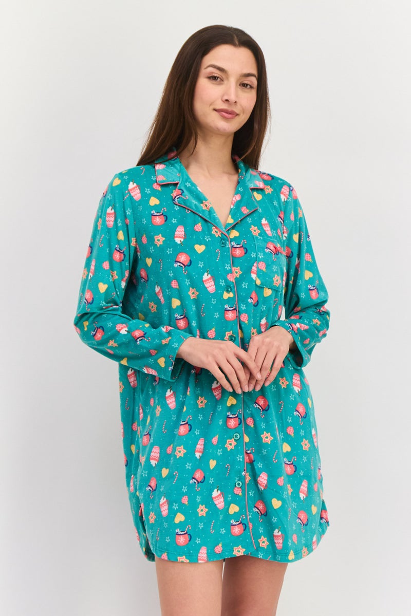 Kensie Women Allover Print Long Sleeve Sleep Shirt, Light Green Combo - Image 2