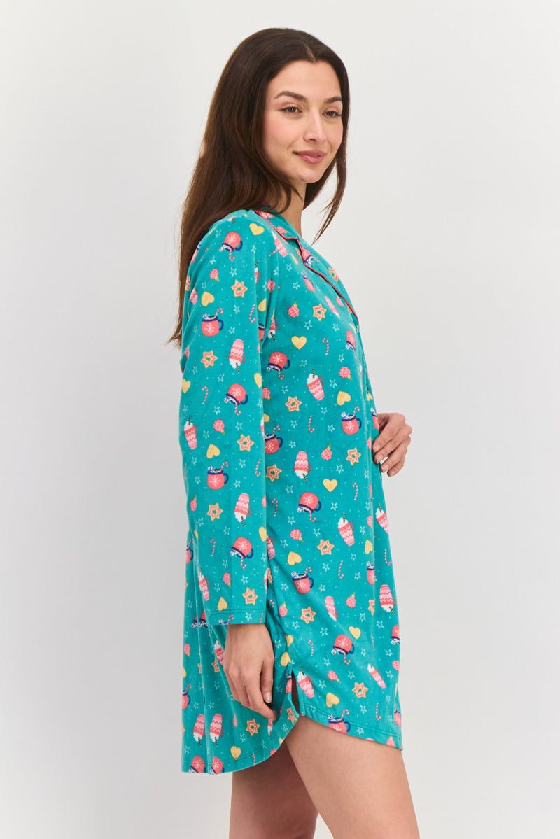 Kensie Women Allover Print Long Sleeve Sleep Shirt, Light Green Combo - Image 3