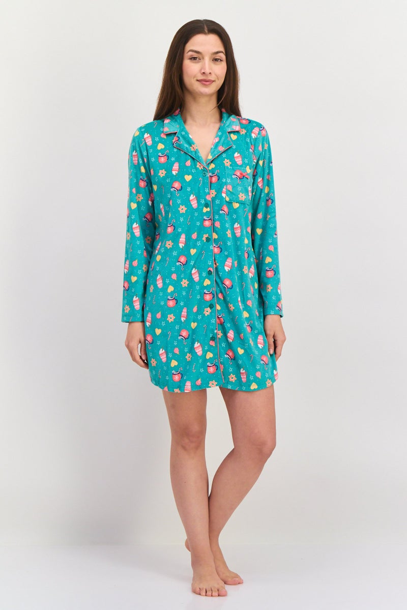 Kensie Women Allover Print Long Sleeve Sleep Shirt, Light Green Combo - Image 1