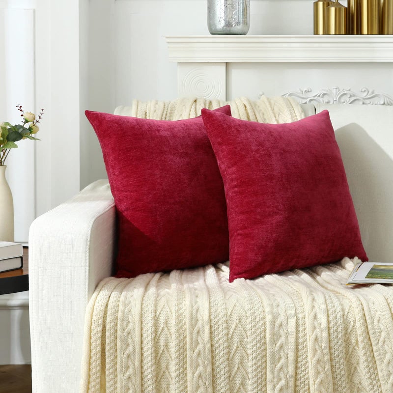 Jeneoo Decorative Bright Red Throw Pillow Covers Rustic Farmhouse Super Soft Square Chenille Comfy Solid Santa Cushion Couch Cases (Set of 2, 18 x 18 Inches) - Image 4