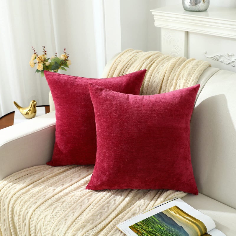 Jeneoo Decorative Bright Red Throw Pillow Covers Rustic Farmhouse Super Soft Square Chenille Comfy Solid Santa Cushion Couch Cases (Set of 2, 18 x 18 Inches) - Image 3
