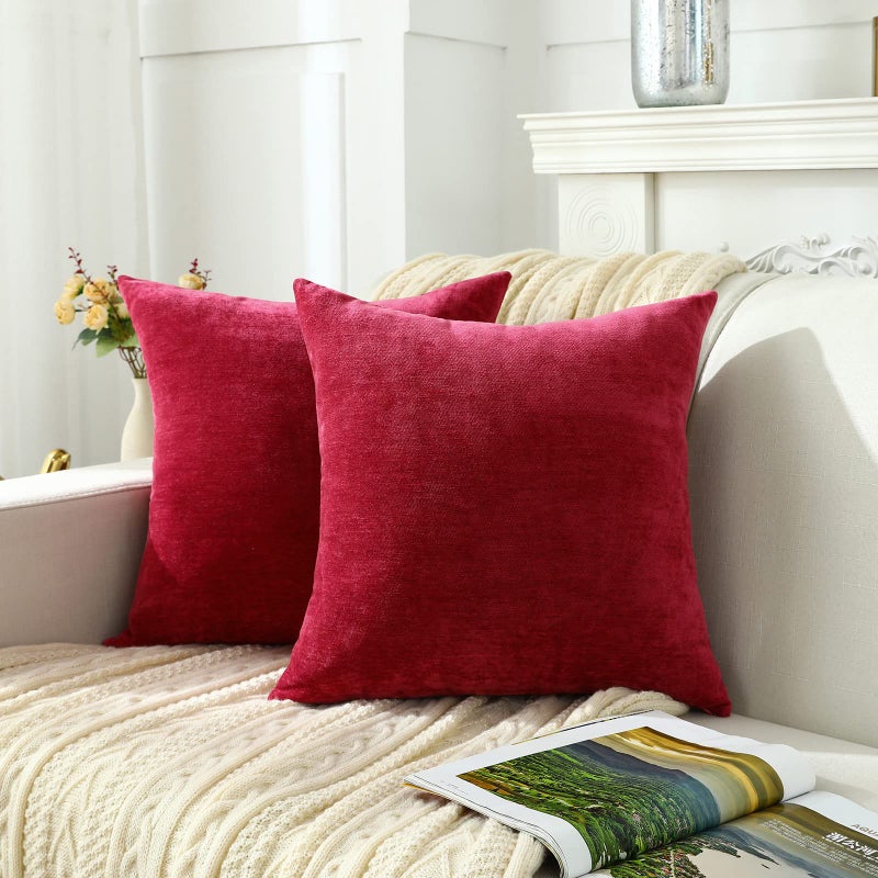 Jeneoo Decorative Bright Red Throw Pillow Covers Rustic Farmhouse Super Soft Square Chenille Comfy Solid Santa Cushion Couch Cases (Set of 2, 18 x 18 Inches) - Image 2