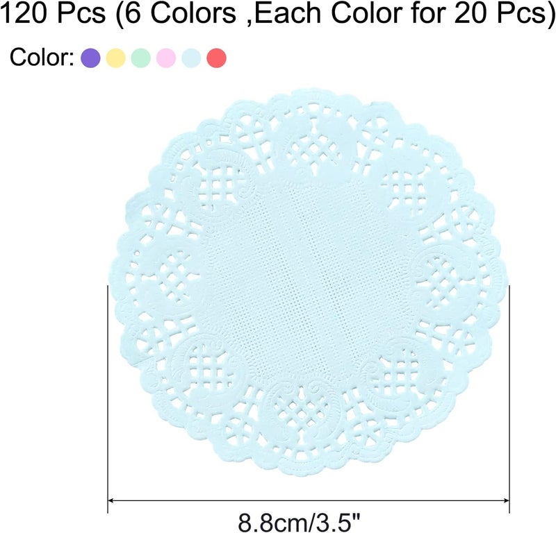 Rierdge Round Paper Doilies, 120 Pcs 3.5” Colorful Decorative Disposable Paper Placemats for Wedding Birthday Desserts Cakes Party Tableware Food Decoration, 6 Colors - Image 2