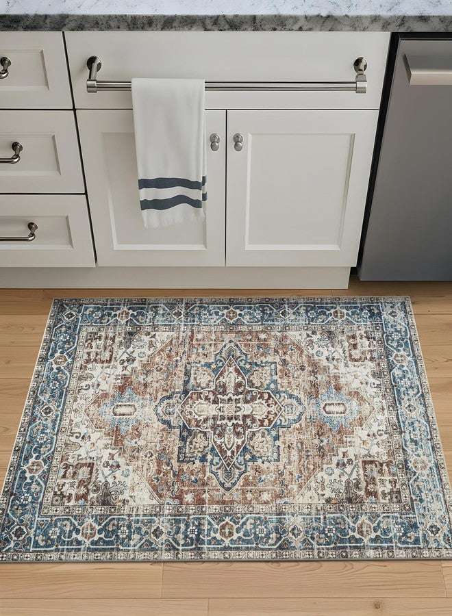 Bloom Rugs Caria Washable Non-Slip 3x5 Rug - Terracotta/Blue Traditional Area Rug for Living Room, Bedroom, Dining Room, and Kitchen - Exact Size: 3' x 5' - Image 2