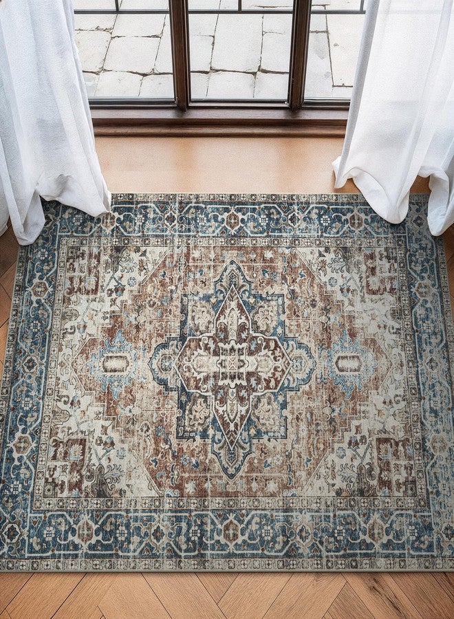 Bloom Rugs Caria Washable Non-Slip 3x5 Rug - Terracotta/Blue Traditional Area Rug for Living Room, Bedroom, Dining Room, and Kitchen - Exact Size: 3' x 5' - Image 1