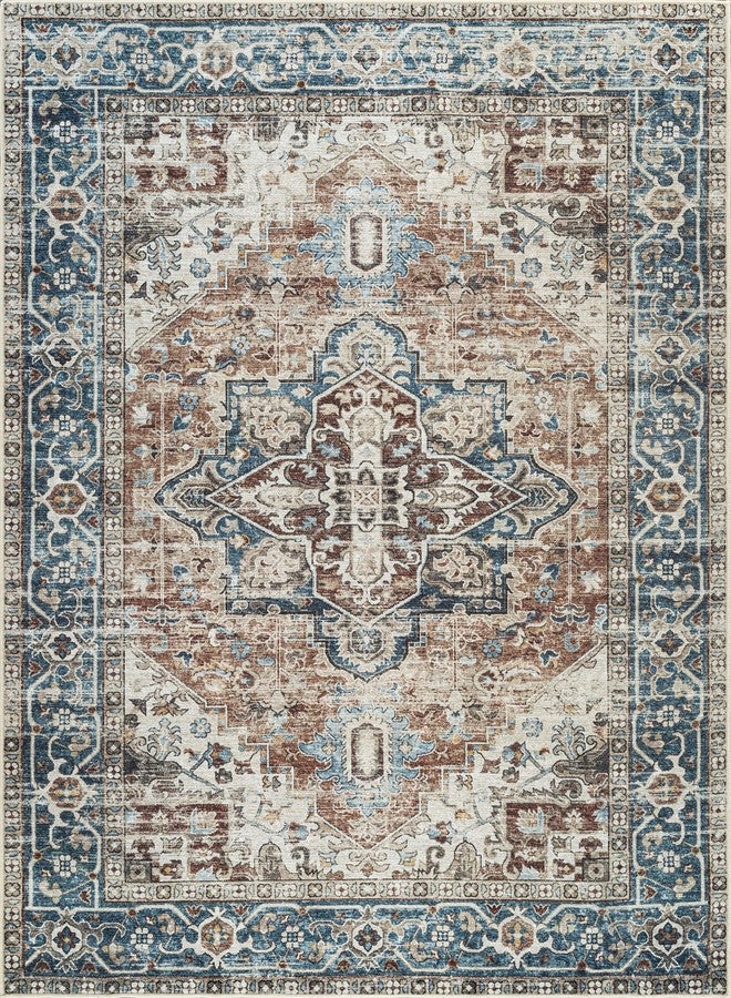 Bloom Rugs Caria Washable Non-Slip 3x5 Rug - Terracotta/Blue Traditional Area Rug for Living Room, Bedroom, Dining Room, and Kitchen - Exact Size: 3' x 5' - Image 4