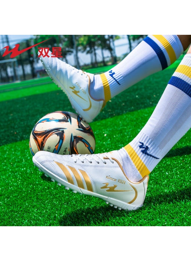 Shuangxing Soccer Shoes For Men, Tf Turf Cleats, Adult And Youth Non-slip Wear-resistant Professional Compeion Training Cleats, White Gold, Size 38