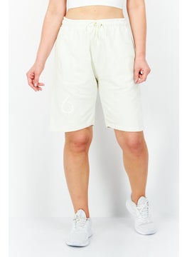 Women Embroidered Logo Drawstring Basic Shorts, Beige