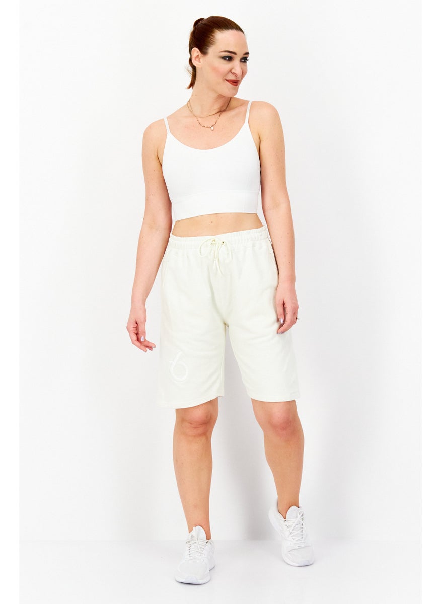 TRIBE OF 6 - Women Embroidered Logo Drawstring Basic Shorts, Beige - Image 1