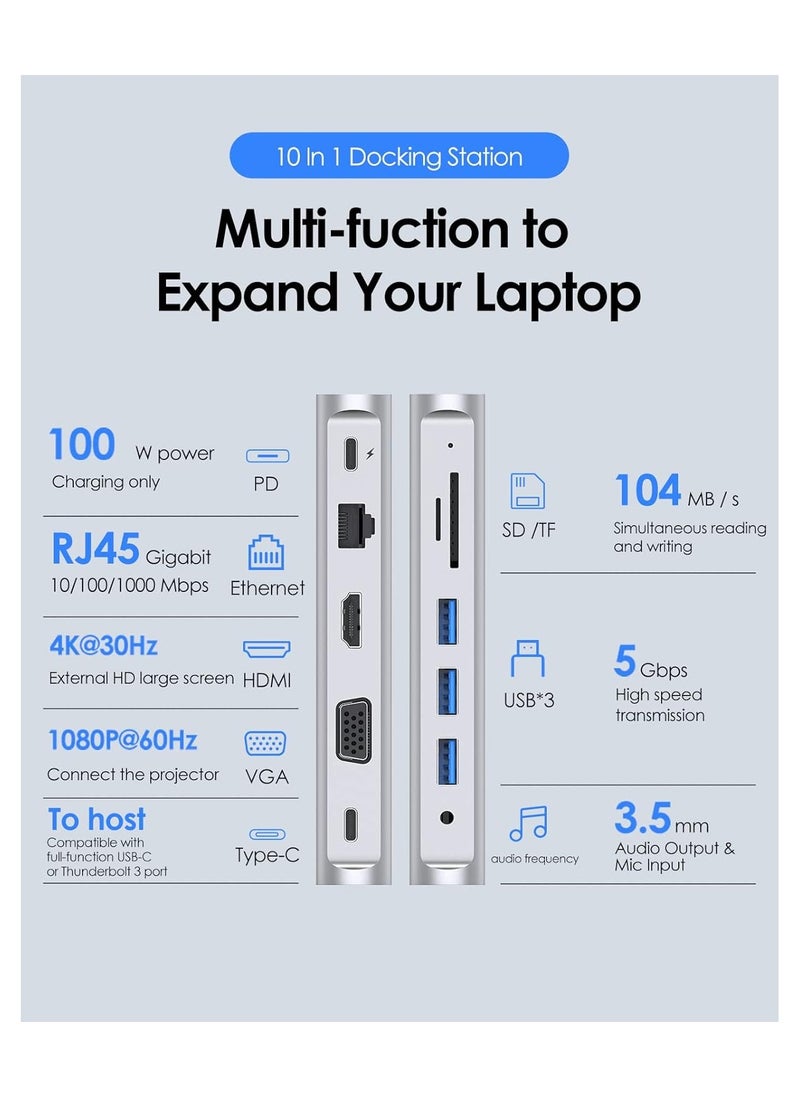 LENTION USB C Docking Station with 100W PD, 4K HDMI, VGA, Ethernet, Card Reader, USB 3.0&Aux Adapter for MacBook Pro, New Mac Air/Surface/Steam Deck, More, Stable Driver Certified(CB-D55, Silver)