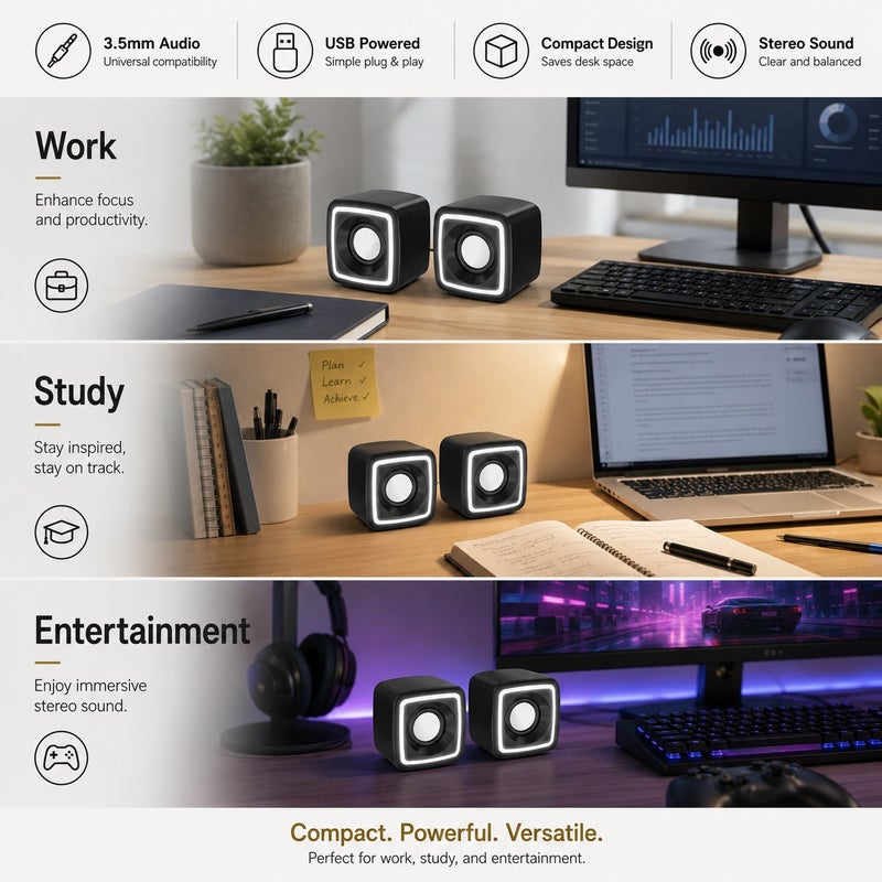 جروفميد سماعة كمبيوتر ستيريو RGB، سماعة سلكية بقدرة 3 واط مع مضخم، تعمل بالطاقة عبر USB، تصميم صغير الحجم - أسود - Image 4