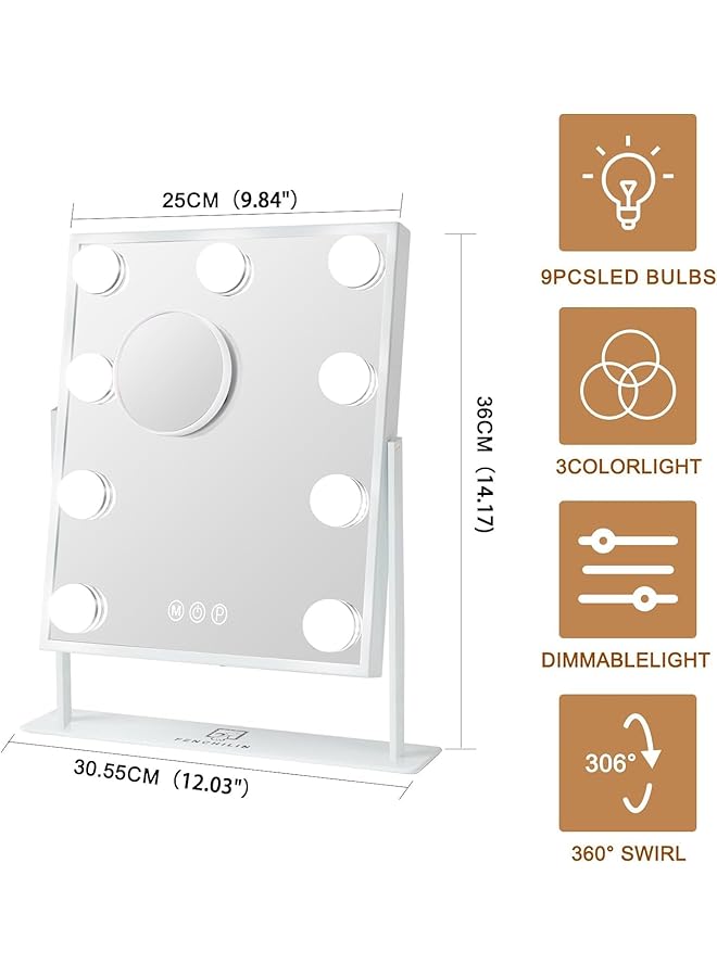 إيروريكس مرآة زينة مع أضواء مرآة مكياج هوليوود المضيئة مع 9 لمبات ليد 3 ألوان ضوء قابل للفصل تكبير 10 مرات أبيض - Image 2