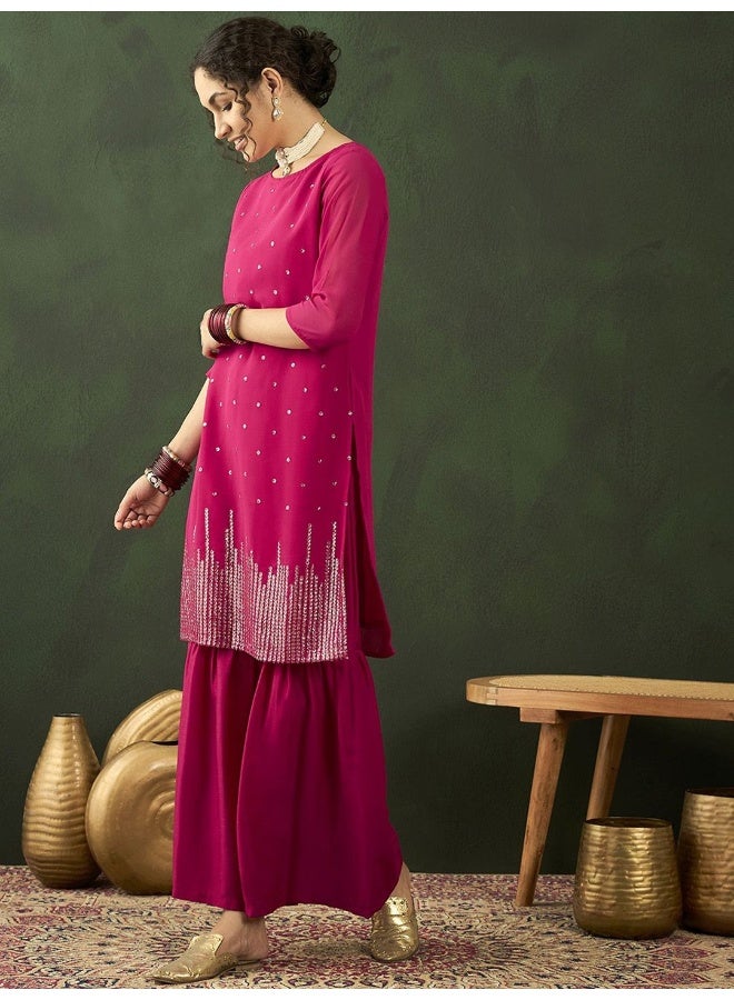 AKS Floral Embroidered Sequinned Kurta With Sharara  - Image 5