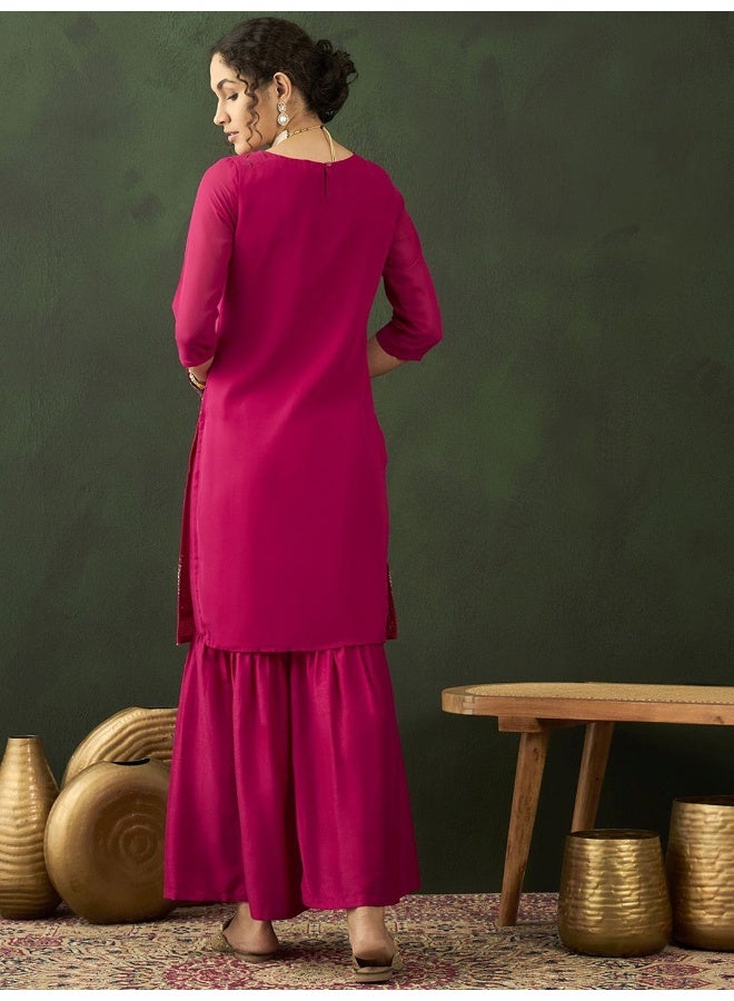 AKS Floral Embroidered Sequinned Kurta With Sharara  - Image 4