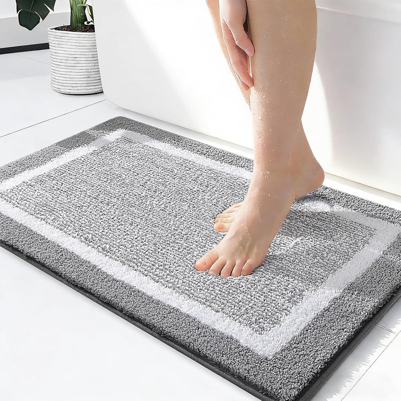 OLANLY Extra Soft and Absorbent Microfiber Bath Mat 24x16 - Non-Slip, Machine Washable, Quick Drying (Grey and White) - Image 1