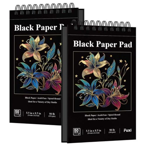 Fuxi Black Paper Sketchbook, 2-Pack - 5.5" x 8.5" | 90lb/150gsm Black Sketch Paper, 50 Sheets Per Pad - Image 1