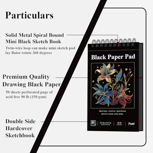 Fuxi Black Paper Sketchbook, 2-Pack - 5.5" x 8.5" | 90lb/150gsm Black Sketch Paper, 50 Sheets Per Pad - Image 3