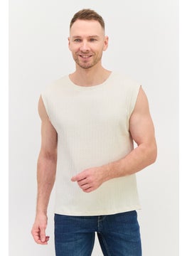 Men Round Neck Sleeveless Textured Vest,  Cream