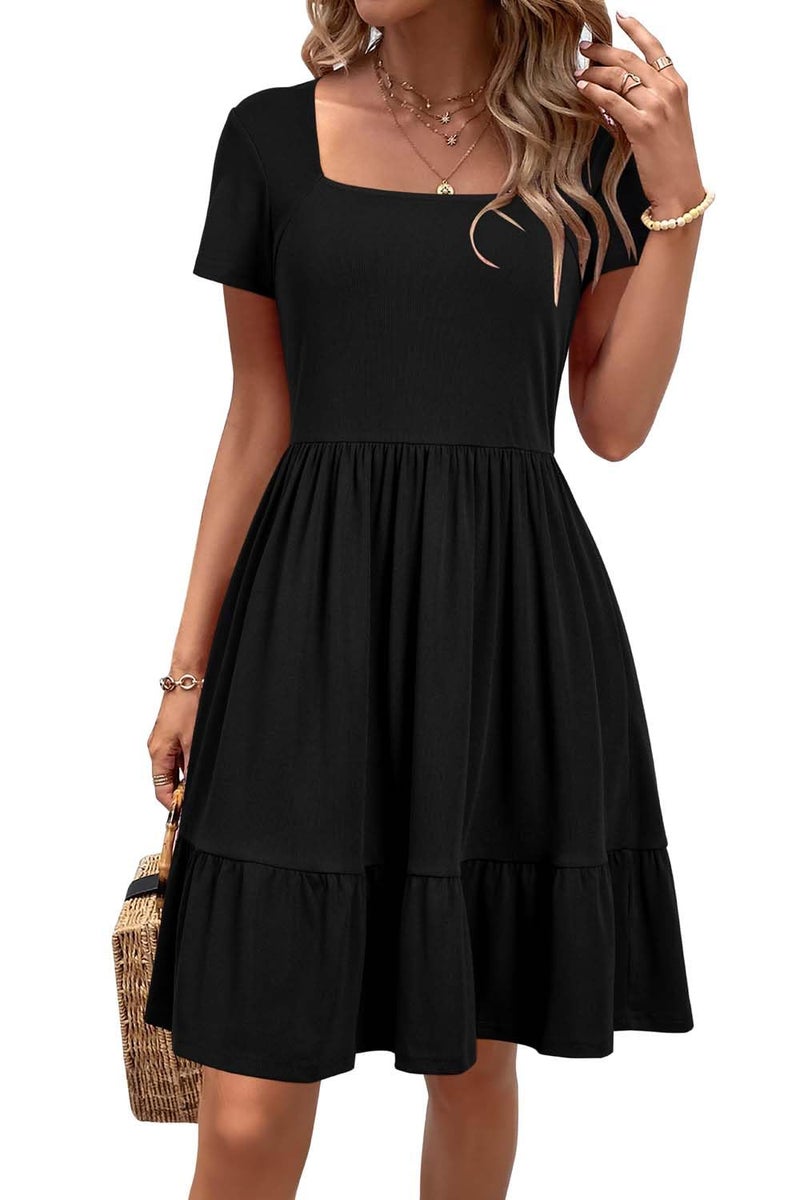 Newshows Women's 2026 Summer Dress Square Neck A Line Flowy Beach Vacation Sundress Semi-Formal Work Business Teacher Outfits with Pockets(Black,S) - Image 1