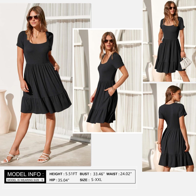 Newshows Women's 2026 Summer Dress Square Neck A Line Flowy Beach Vacation Sundress Semi-Formal Work Business Teacher Outfits with Pockets(Black,S) - Image 4