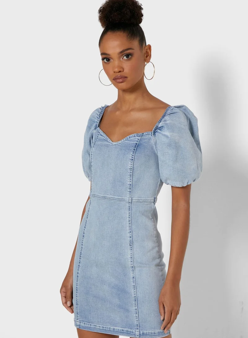 RIVER ISLAND Puff Sleeve Denim Dress
