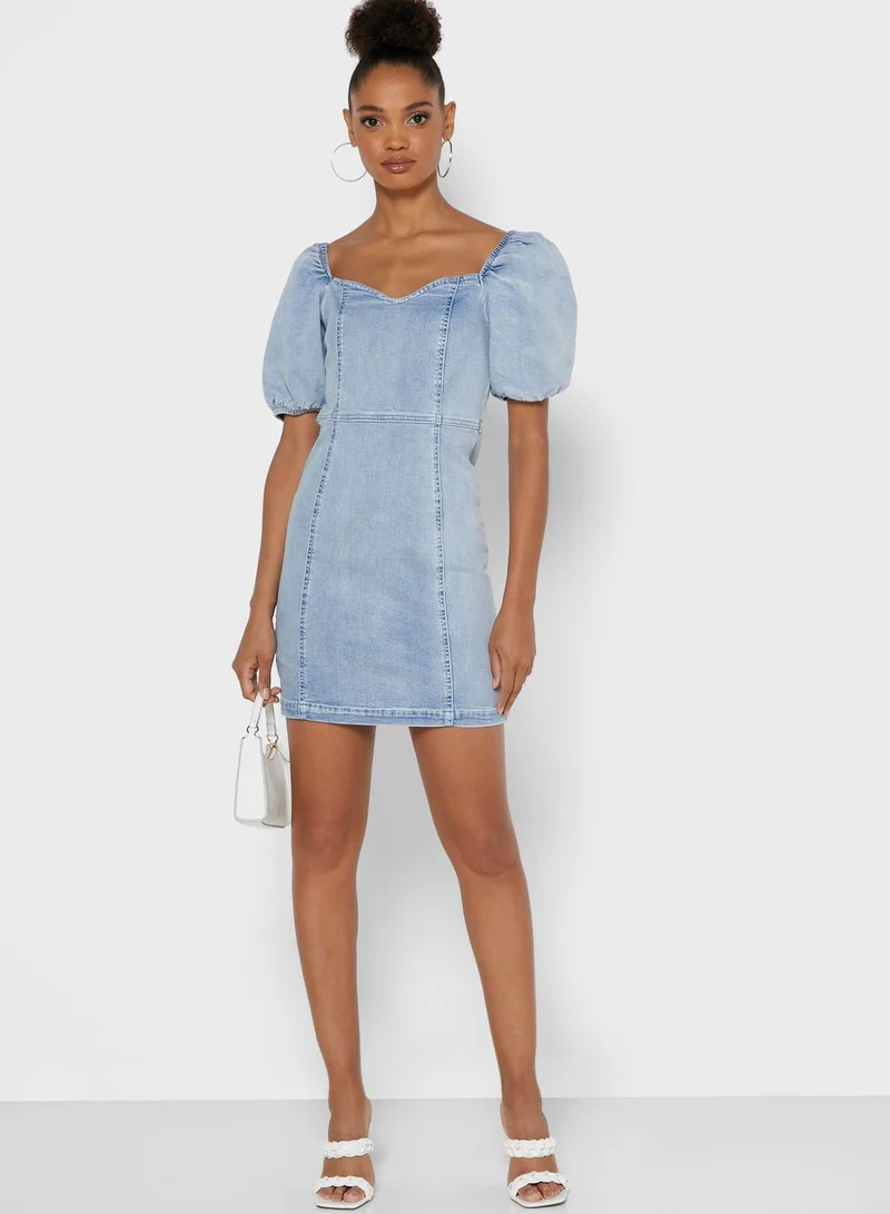RIVER ISLAND Puff Sleeve Denim Dress