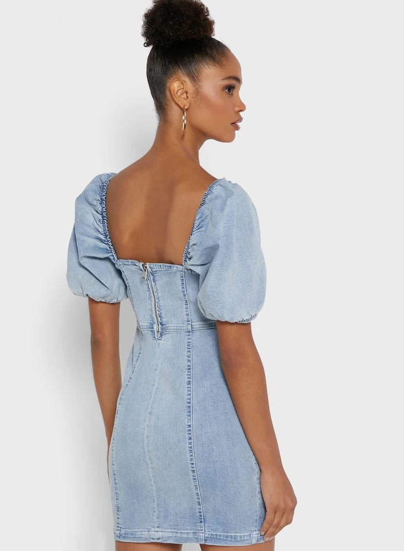 RIVER ISLAND Puff Sleeve Denim Dress