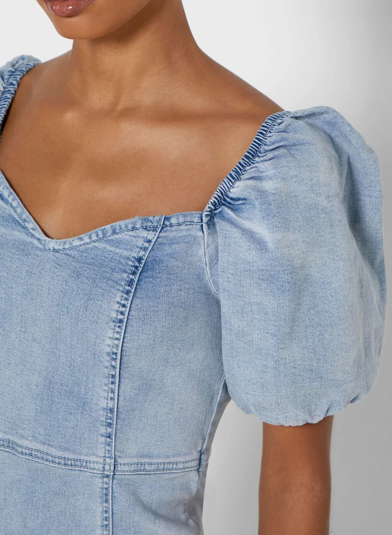 RIVER ISLAND Puff Sleeve Denim Dress
