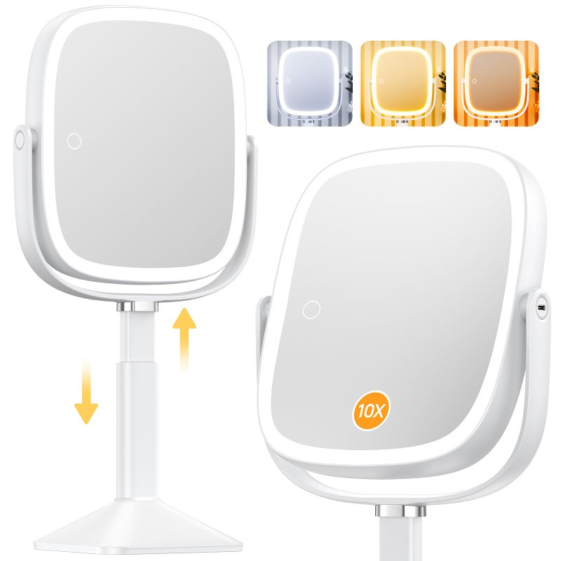 Gospire Rectangle Lighted Makeup Mirror with Magnification 10X Magnifying Mirror with Lights 3 Color Height Adjustable and 4000mAh Battery for Bedroom Bathroom Large Surface for Women or Men White - Image 2