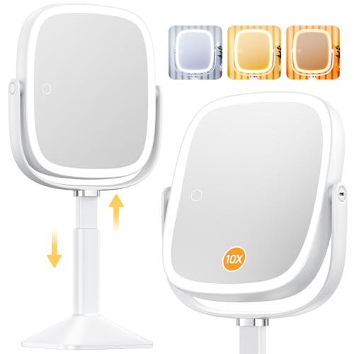 Gospire Rectangle Lighted Makeup Mirror with Magnification 10X Magnifying Mirror with Lights 3 Color Height Adjustable and 4000mAh Battery for Bedroom Bathroom Large Surface for Women or Men White - Image 1