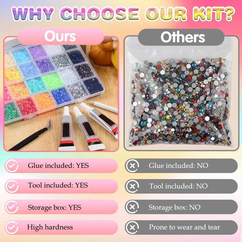 Compensai Colorful DIY Resin Rhinestone Kit for Bedazzling,Resin Jelly Rhinestones for Bedazzling,Multicolor Flatback Gems for Diamond Art 3Pcs Jewelry Glue for Bedazzled Nail Art (28000) - Image 3