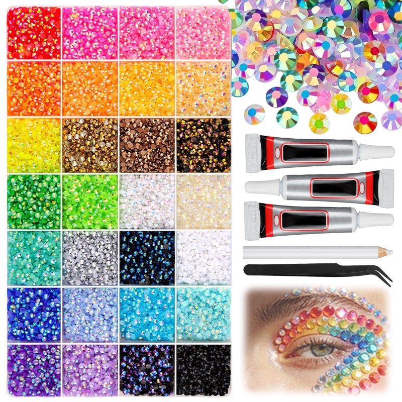 Compensai Colorful DIY Resin Rhinestone Kit for Bedazzling,Resin Jelly Rhinestones for Bedazzling,Multicolor Flatback Gems for Diamond Art 3Pcs Jewelry Glue for Bedazzled Nail Art (28000) - Image 1
