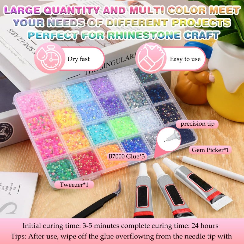 Compensai Colorful DIY Resin Rhinestone Kit for Bedazzling,Resin Jelly Rhinestones for Bedazzling,Multicolor Flatback Gems for Diamond Art 3Pcs Jewelry Glue for Bedazzled Nail Art (28000) - Image 2