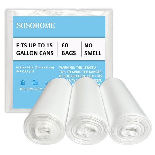 SOSOHOME 15 Gallon Trash Bags - 1 MIL Ultra Strong Tall Kitchen Garbage Bags, Unscented Trash Can Liners for Office, 60 Count - Image 1
