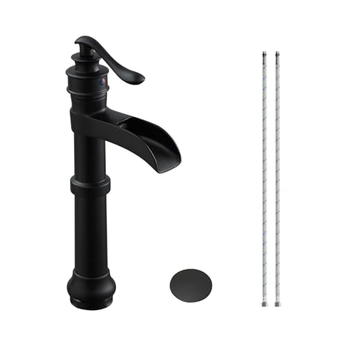 Homevacious Black Bathroom Faucet Vessel Sink Matte Waterfall Farmhouse Single Hole Antique Bowl with Pop Up Drain Stopper Lavatory One Handle Supply Line Without Overflow - Image 1