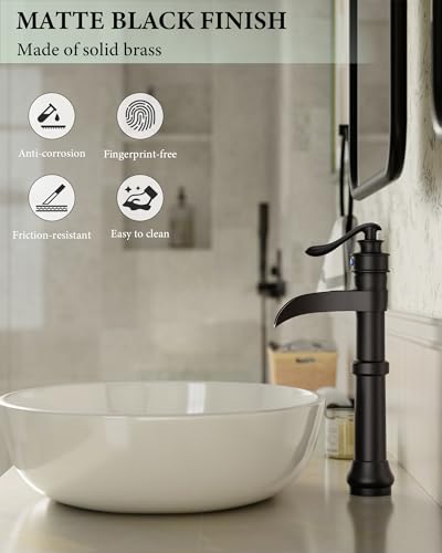 Homevacious Black Bathroom Faucet Vessel Sink Matte Waterfall Farmhouse Single Hole Antique Bowl with Pop Up Drain Stopper Lavatory One Handle Supply Line Without Overflow - Image 5