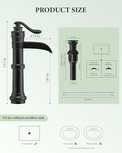 Homevacious Black Bathroom Faucet Vessel Sink Matte Waterfall Farmhouse Single Hole Antique Bowl with Pop Up Drain Stopper Lavatory One Handle Supply Line Without Overflow - Image 3