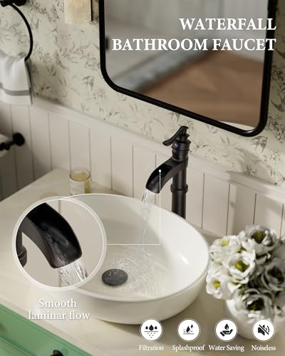 Homevacious Black Bathroom Faucet Vessel Sink Matte Waterfall Farmhouse Single Hole Antique Bowl with Pop Up Drain Stopper Lavatory One Handle Supply Line Without Overflow - Image 2