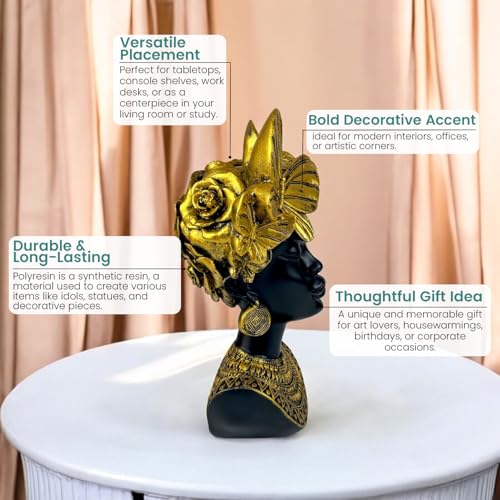 Bianco Golden Butterfly Goddess Bust Polyresin Showpiece 26 cm African Queen Figurine Black & Gold Statue for Home Decor Living Room Office Table Gift | Tabletop Decorative Showpiece - Image 3