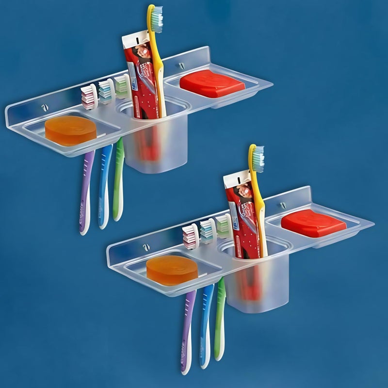 iSTAR Multi use 4 in 1 Multipurpose Double Soap stand with Tumbler Holder Sleek Design Bathroom Accesories bathroom shelf soap holder/Toothbrush Holder for washbasin,Bathroom, kitchen(Pack of 2,Clear) - Image 1