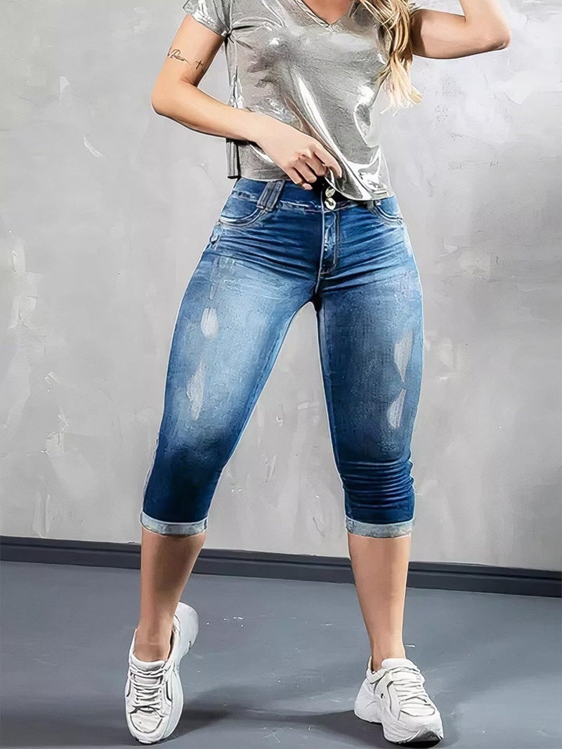 Flamingals High Waist Capris Jeans for Women Casual Summer Butt Lifting Skinny Denim Capri Light Midness Blue 2XL - Image 3