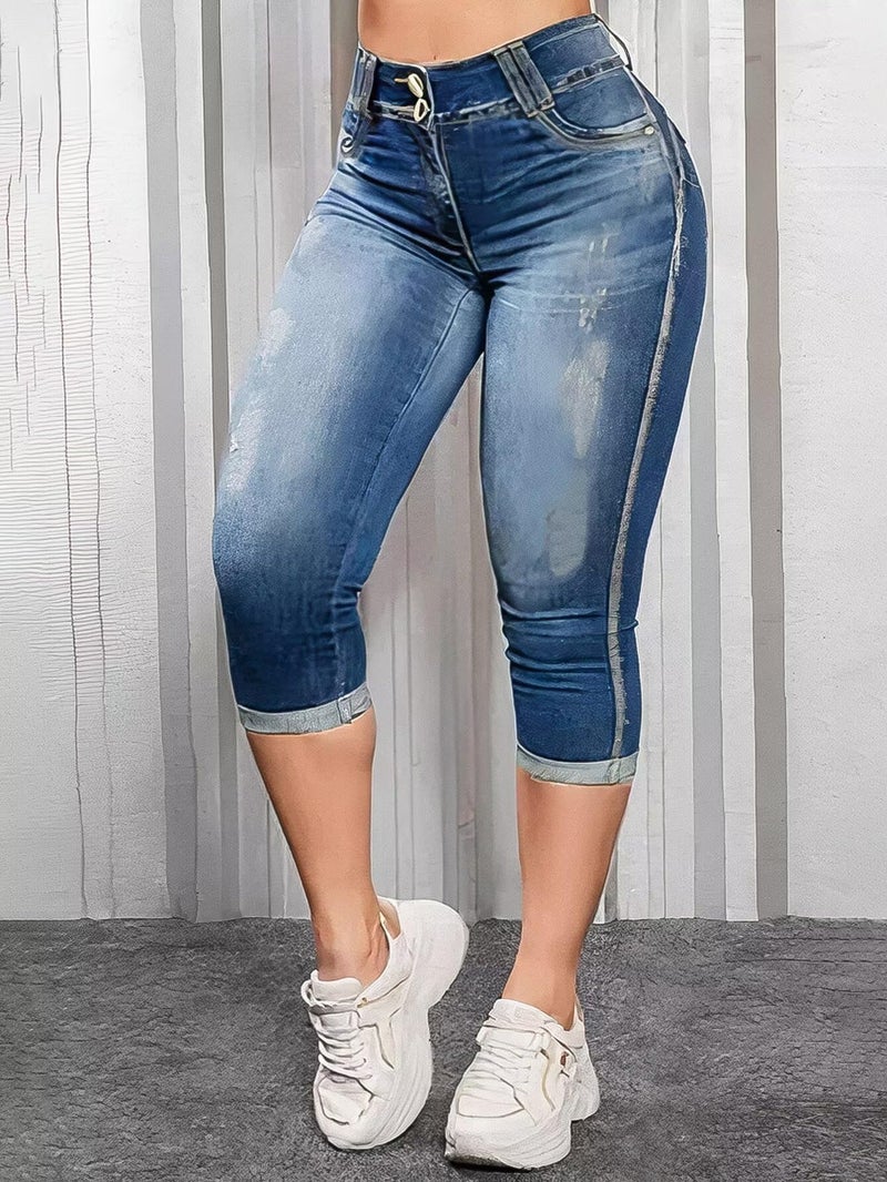 Flamingals High Waist Capris Jeans for Women Casual Summer Butt Lifting Skinny Denim Capri Light Midness Blue 2XL - Image 2
