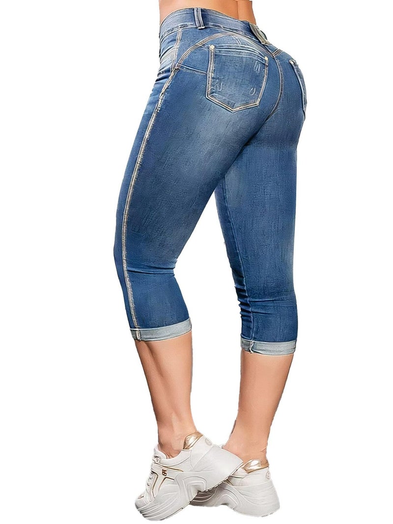Flamingals High Waist Capris Jeans for Women Casual Summer Butt Lifting Skinny Denim Capri Light Midness Blue 2XL - Image 1