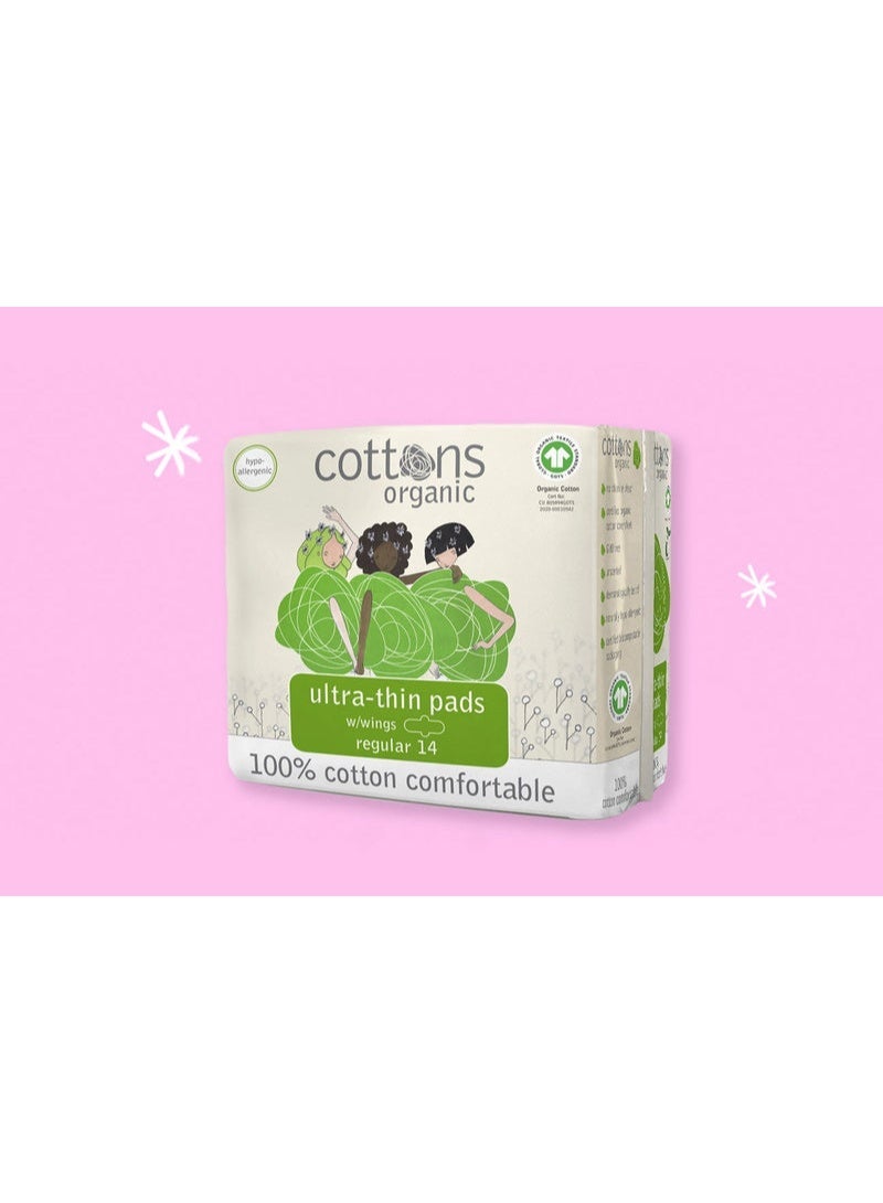 Cottons Organic Regular Ultra-Thin Pads with Wings - 14 Pads - Image 1