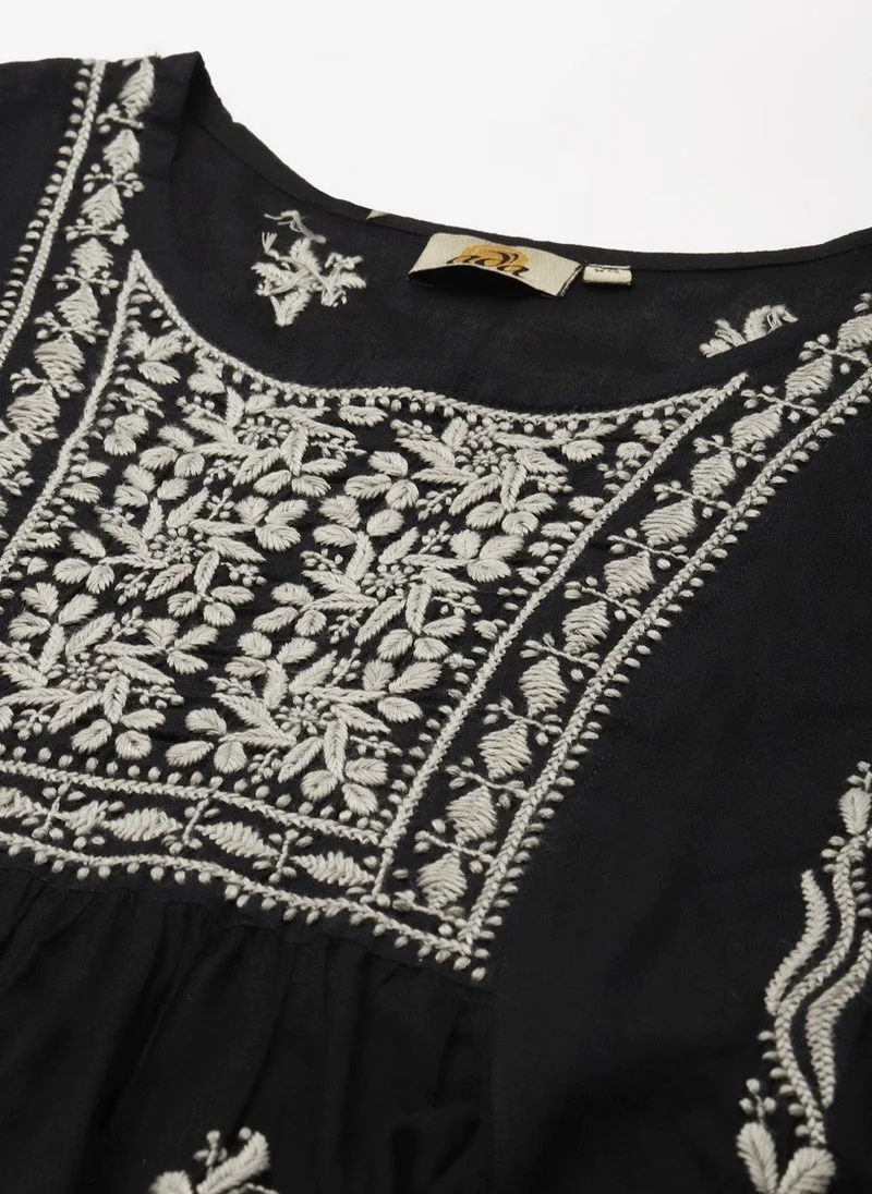 ZERESOUQ Black Cotton Lucknowi Chikan Kurti