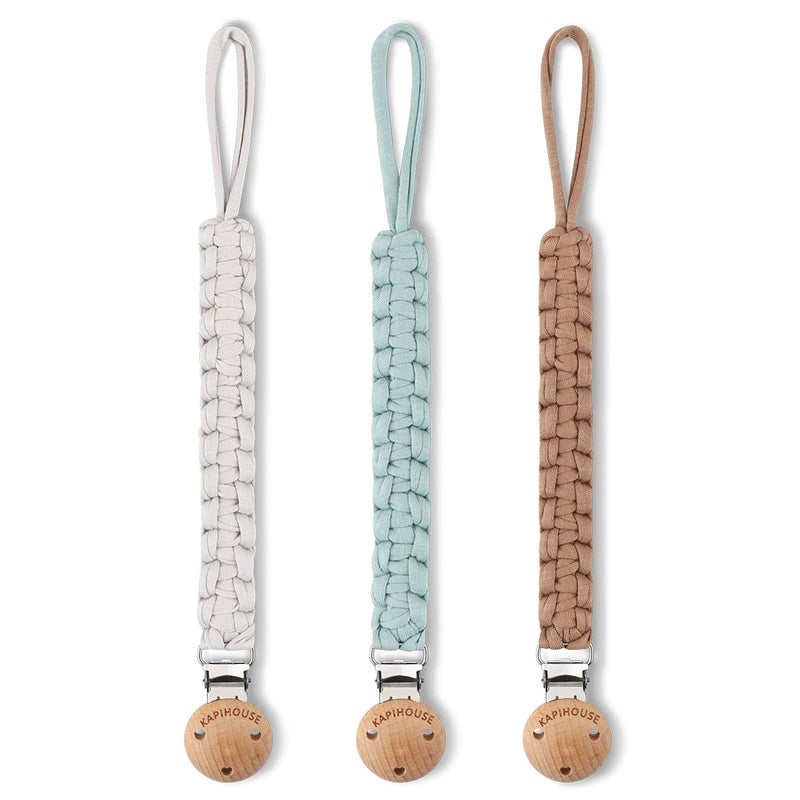 Kapihouse Pacifier Clip for boy 92 Inch Pacifier Leashes woodern Clips Teething Toy with Handmade Braided Cotton Modern Unisex Baby Shower Birthdays Christmas Set 3 Pack Boys