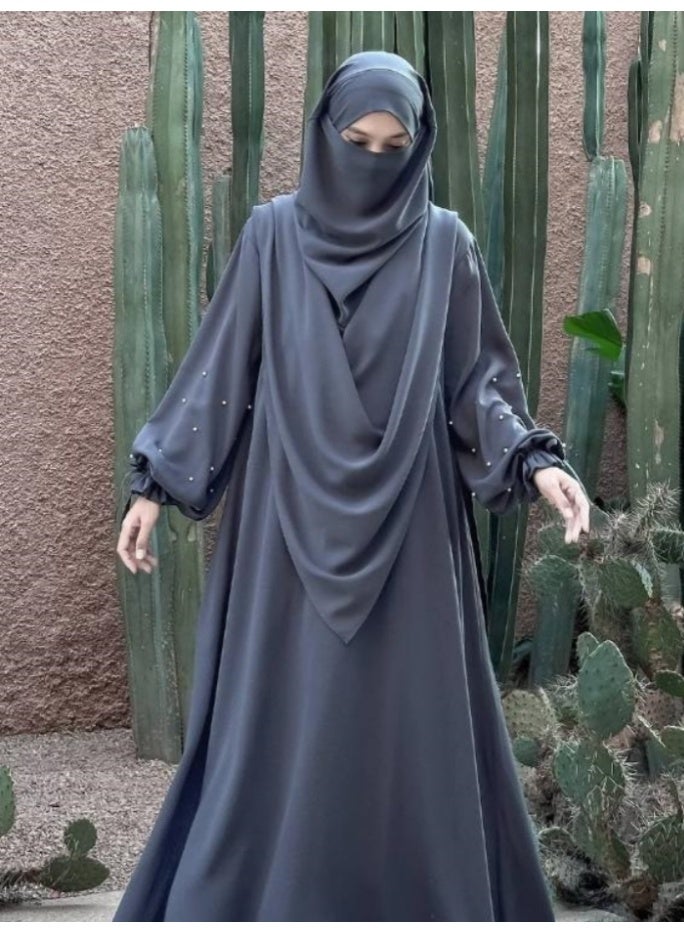 سلسلة اللؤلؤ: الشرق الأوسط اللون الصلب للنساء رداء اللؤلؤ الأكمام فستان Abaya قطعتين مجموعة الحجاب الطويل مناسبة جدا للنساء يوميا ارتداء الصيام شهر الصلاة - Image 4