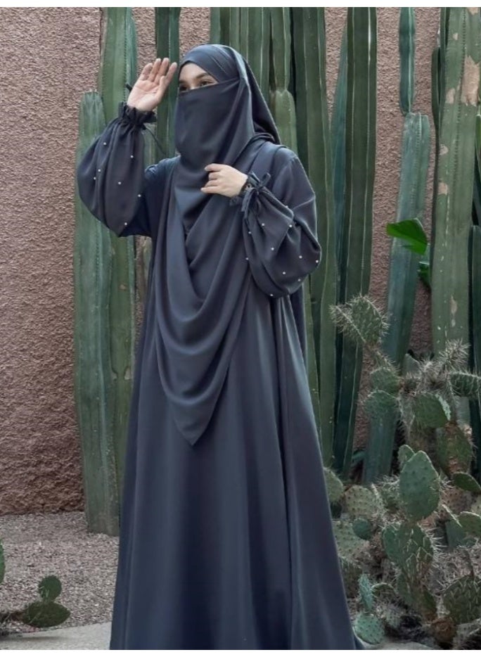 سلسلة اللؤلؤ: الشرق الأوسط اللون الصلب للنساء رداء اللؤلؤ الأكمام فستان Abaya قطعتين مجموعة الحجاب الطويل مناسبة جدا للنساء يوميا ارتداء الصيام شهر الصلاة - Image 2