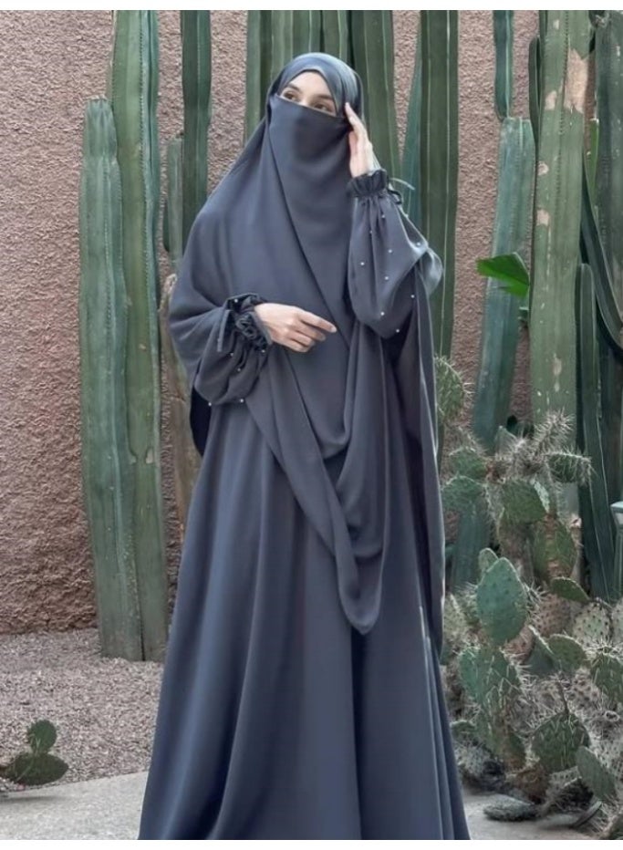 سلسلة اللؤلؤ: الشرق الأوسط اللون الصلب للنساء رداء اللؤلؤ الأكمام فستان Abaya قطعتين مجموعة الحجاب الطويل مناسبة جدا للنساء يوميا ارتداء الصيام شهر الصلاة - Image 3